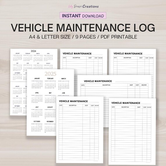 Vehicle Maintenance Log, Vehicle Maintenance Planner, Car Service History, Printable Vehicle Maintenance Checklist, Instant Download PDF