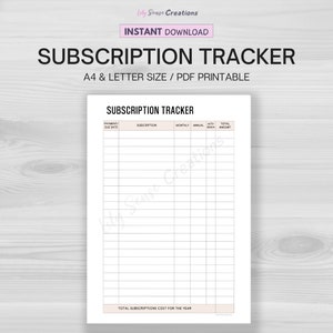 Subscription Tracker Printable, Membership Tracker,  Subscription Log, Subscription Checklist, Expense Tracker, Instant Download PDF