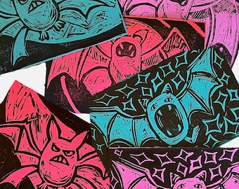 Pokemon Bats Linocut Art Prints-- Zubat, Golbat, Crobat (Pink, Purple, Blue)
