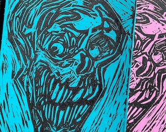 Skull Linocut Print on Colored Paper 4x6 — Horror Art