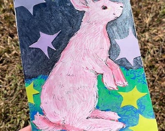 Magician's Rabbit, White Bunny, Whimsical Handmade Art 5x7" Original Mixed Media Painting
