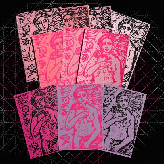 Birth of Venus Pink Linocut Art Print— Botticelli, Art History
