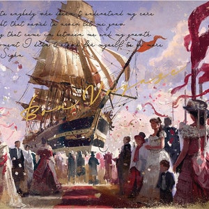 May include: A painting depicting a ship sailing into a harbour, with a crowd of people gathered on the shore. The ship is adorned with flags and streamers, and the people are waving and cheering. The painting is in a watercolour style, with soft colours and a dreamy atmosphere. The text in the image reads: "Born Voyage to anybody who listen & understand my care To self doubt that roared to never let me grow To anything that came in between me and my growth To every moment I deter to stand for myself be free more - Tanishk Sighn"