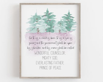 Christmas Scripture Wall Art, Christian Christmas print, Isaiah 9:6, Christmas Bible Wall Art - home decor printable | 8x10, 5x7