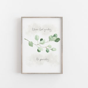 Christian Wall Art, Uplifting Art, Where God Guides He Provides, Green floral Christian Wall Art - home decor printable | 11x14