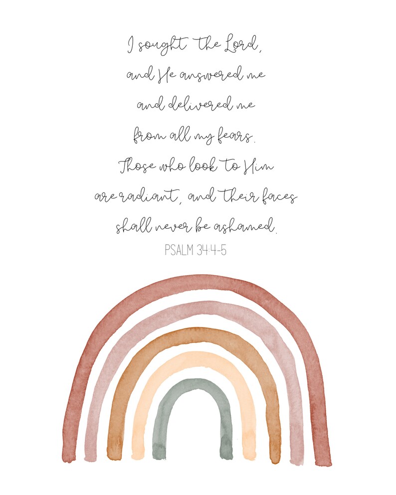 Scripture Wall Art, Bible Verse Print, Psalm 34:4-5, Rainbow Christian ...