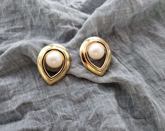 Vintage Faux Pearl pierced Bold Gold Teardrop Shape Earrings