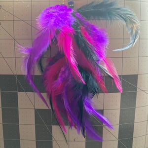 Handmade Feather Earrings: Purple, Black, and Pink