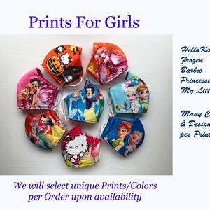 May include: Assortment of colorful fabric face masks featuring various cartoon characters, including Hello Kitty, Frozen, Barbie, Princesses, and My Little Pony. The text "Many Colors & Designs per Print" is also visible.