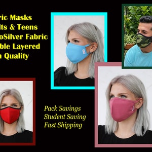 May include: Three people wearing different colored face masks. The masks are double layered and made of NanoSilver fabric. The text on the image reads "Fabric Masks Adults & Teens NanoSilver Fabric Double Layered High Quality Pack Savings Student Saving Fast Shipping".