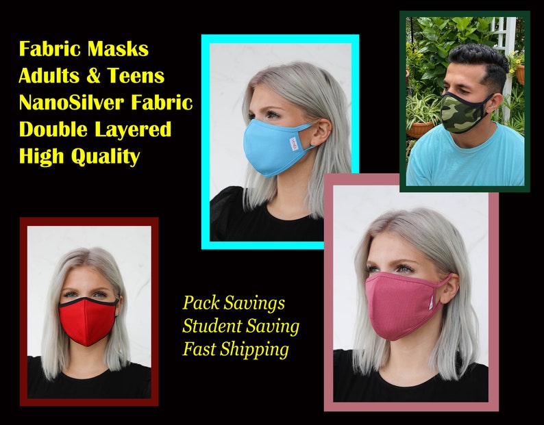 May include: Three people wearing different colored face masks. The masks are double layered and made of NanoSilver fabric. The text on the image reads "Fabric Masks Adults & Teens NanoSilver Fabric Double Layered High Quality Pack Savings Student Saving Fast Shipping".