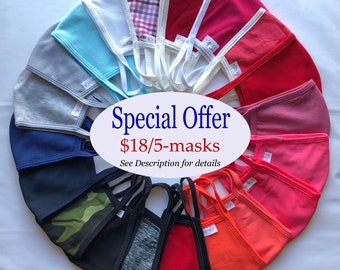 Face Mask Pack of 5 Masks | Washable/Reusable Fabric | Adult Face Mask | Teen Face Mask