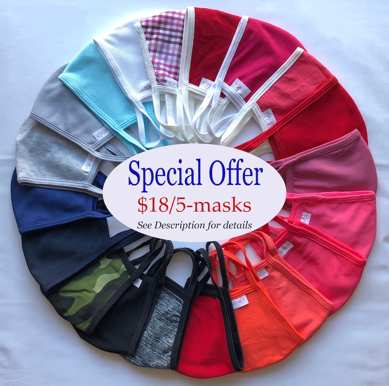 May include: A variety of 15 colorful face masks arranged in a circle. The masks are made of soft, breathable fabric and have adjustable ear loops. The text "Special Offer $18/5-masks See Description for details" is displayed in the center of the image.