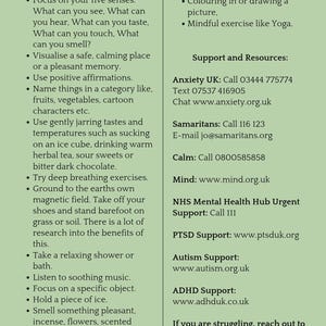 May include: A light green informational poster titled Different Grounding Techniques, listing various mindfulness practices and coping strategies, followed by a section titled Support and Resources with contact details for mental health organizations.