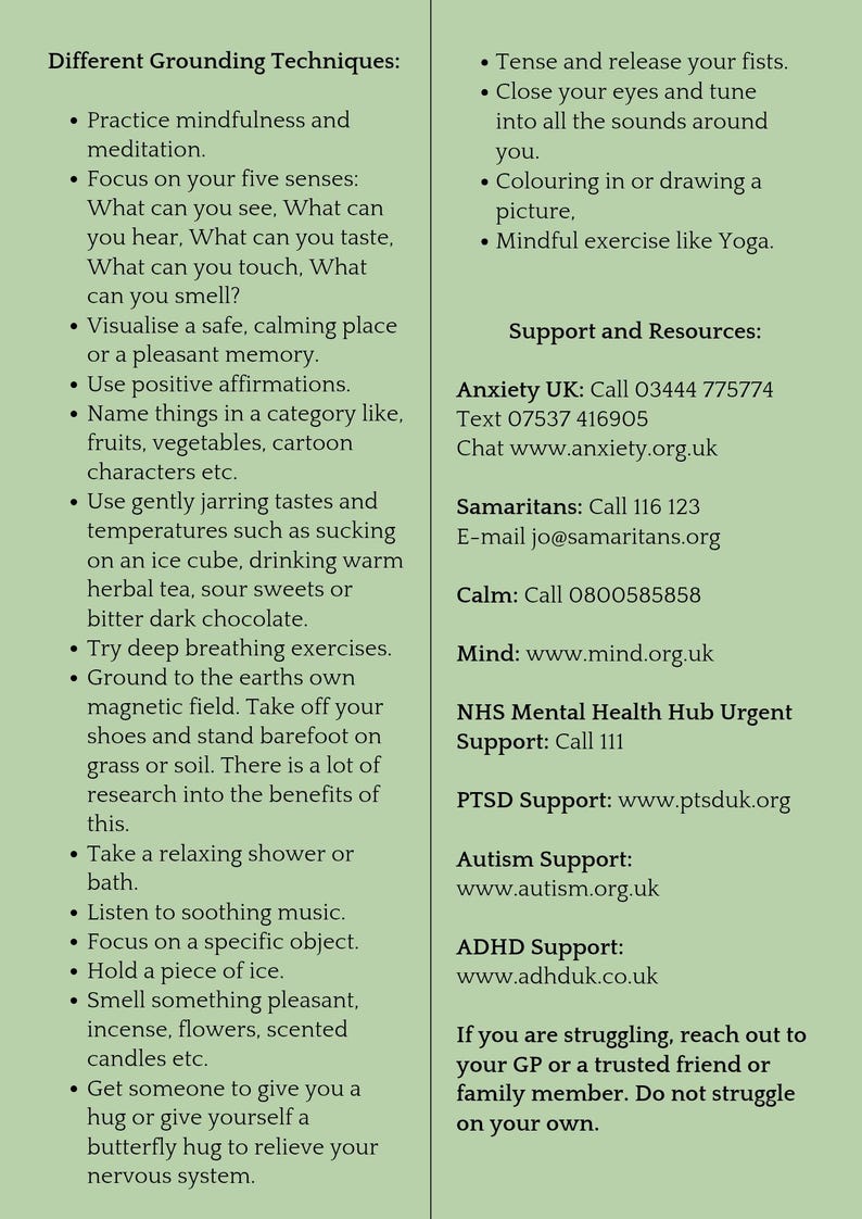 May include: A light green informational poster titled Different Grounding Techniques, listing various mindfulness practices and coping strategies, followed by a section titled Support and Resources with contact details for mental health organizations.