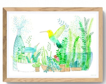 Reproductie print van een kleurrijke decoratieve illustratie kolibries en groene planten