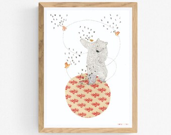 Decoratieve posterafdruk van een illustratie van een beer die op een ballon danst met een zingende vogel