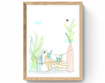 Poster bedrukte decoratieve illustratie vaas planten en dorpsfeest