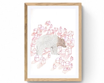 Decoratieve geïllustreerde poster van een beer in een dorp