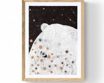 Afdrukken van de illustratie "Beer in bloemen" tekening kinderkamer