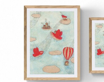 Kleurrijke gedrukte illustratie vogels, wolken, heteluchtballon