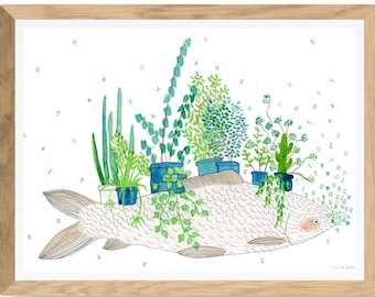 illustration imprimée décoration maison poisson fleuri et plantes vertes