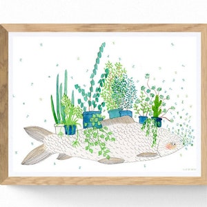gedruckte Illustration Home Dekoration blühende Fische und Grünpflanzen