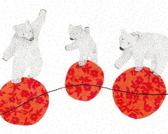 Gedrukte illustratie van een familie van drie beren die dansen op rode ballonnen