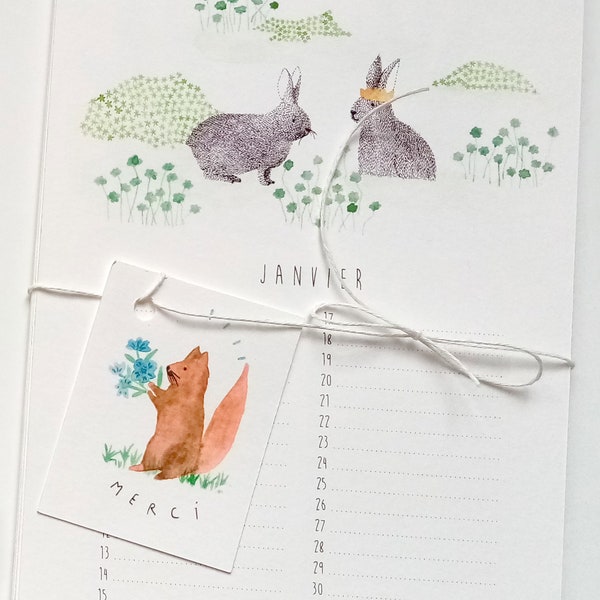 Perpetual calendar to note birthdays, animal illustrations, plants and landscapes, A5 format