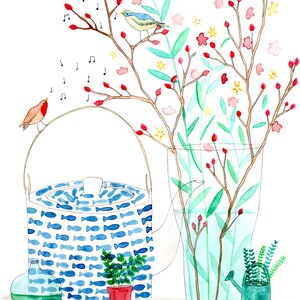 Cartel ilustrado con plantas de primavera, imprimiendo colores tetera y pájaro