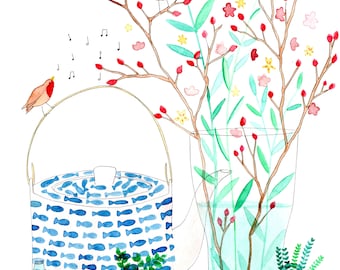 Poster geïllustreerd met voorjaarsplanten, drukkleuren theepot en vogel