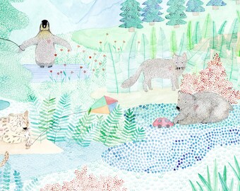 poster reproductie illustratie thema plantenbos en dieren