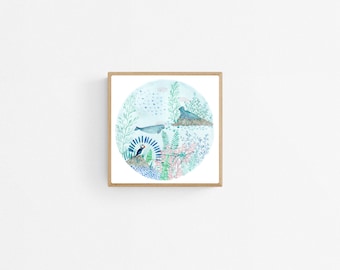 Geïllustreerde poster wereld en zeedieren blauwe tinten decoratie kinderen