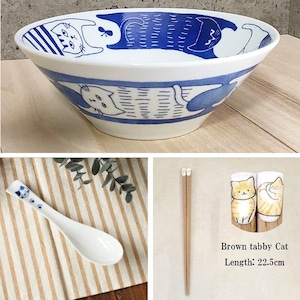Mino Ware Kawaii Kitty circling Cat Ramen bowl and Kawaii Kitty cat chopsticks and Chinese spoon set Made in Japan