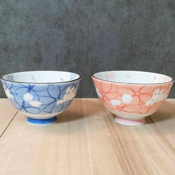 Mino ware Japanese traditional rice bowl flower rabbit pair set