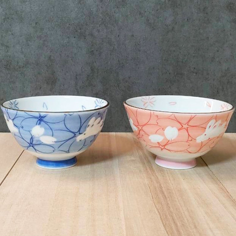 Mino Ware Japanese Traditional Rice Bowl Flower Rabbit Pair Set - Etsy