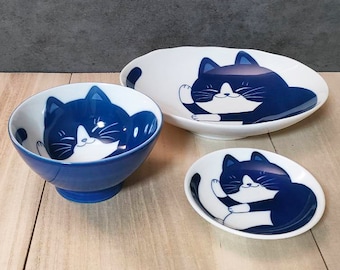 Mino ware Japanese rice bowl dish plate set Bicolor Cat