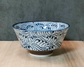 Mino Ware Japanese Traditional Rice Bowl Wave Pattern Made in Japan