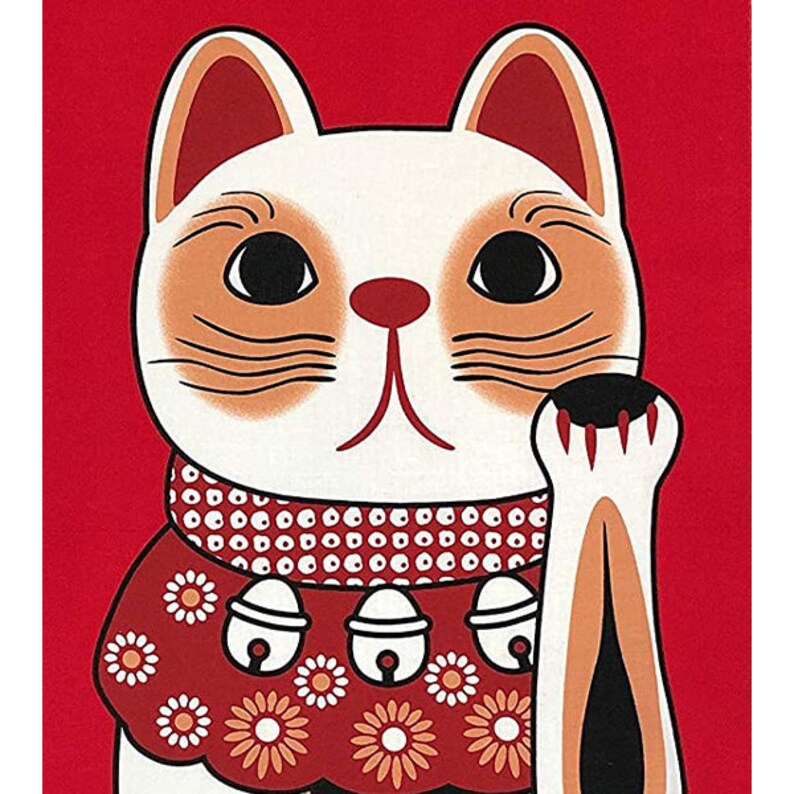 May include: A white and red lucky cat figurine with a raised paw, bells, and a floral pattern. The cat has a red background and a white face with brown eyes and whiskers.