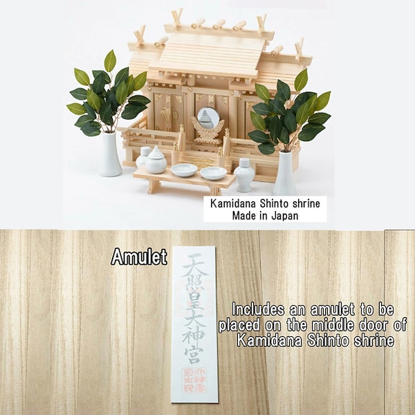 Traditional Kamidana Shinto shrine set, Three different roofs types and amulet set made in Japan
