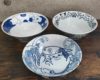 Mino Ware Kawaii Kitty Cat Ramen Bowl 3 design set Made in Japan