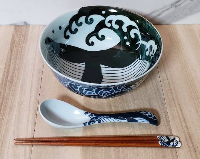 Mino Ware Whale Ramen Bowl Chopsticks Spoon Set Made in Japan
