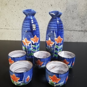 Handwritten Balloon flower design Vintage SAKE bottle 2 SAKE cup 5 set Made in Japan