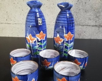 Handwritten Balloon flower design Vintage SAKE bottle 2 SAKE cup 5 set Made in Japan