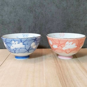 Mino Ware Japanese Traditional Rice Bowl Flower Rabbit Pair Set - Etsy