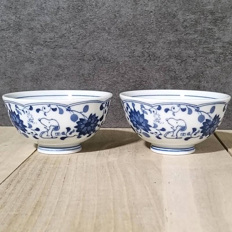 Snoopy PEANUTS Rice Bowl Blue Arabesque Made in Japan 2 Bowl Set