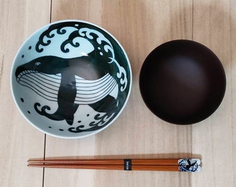 Traditional whale design rice bowl, chopsticks, miso soup bowl set