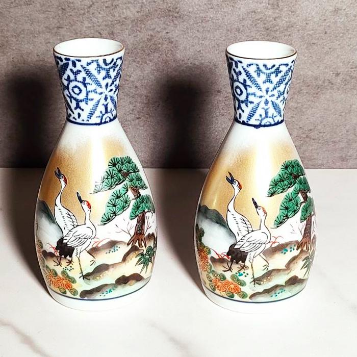Vintage Kutani Ware Crane Design SAKE Bottle SAKE Cup Set Made in