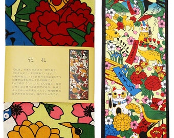 Traditional Japanese Tenugui handkerchief manekineko beckoning lucky cat Hanafuda flower cards