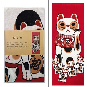 Traditional Japanese Tenugui manekineko beckoning lucky cat red